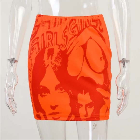 Y2K Punk Graphic Print bodycon Mini Skirt - orange - Picture 3 of 5